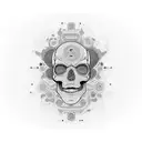 A futuristic skull with teal and coral orange accents, featuring eve and rolly robots in a blackwork style tattoo design idea