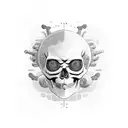 A futuristic skull with teal and coral orange accents, featuring eve and rolly robots in a blackwork style tattoo design idea