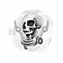 A futuristic skull with teal and coral orange accents, featuring eve and rolly robots in a blackwork style tattoo design idea