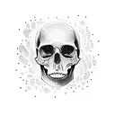 A beautiful girl with a skull candy headpiece, surrounded by truth syrup bottles, in a dotwork style tattoo design idea