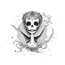 A beautiful girl with a skull candy headpiece, surrounded by truth syrup bottles, in a dotwork style tattoo design idea