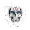 A beautiful girl with a skull candy headpiece, surrounded by truth syrup bottles, in a dotwork style tattoo design idea