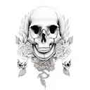 A beautiful girl with a skull candy headpiece, surrounded by truth syrup bottles, in a dotwork style tattoo design idea