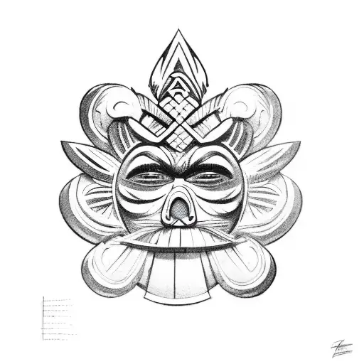 realistic Polynesian hawaiian tiki god, wood face tattoo design idea