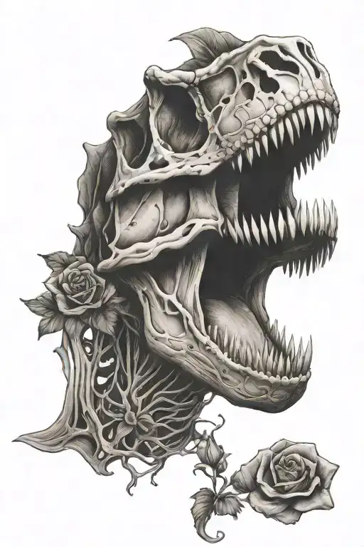 T-Rex skull with a single rose in mouth closed   tattoo design idea