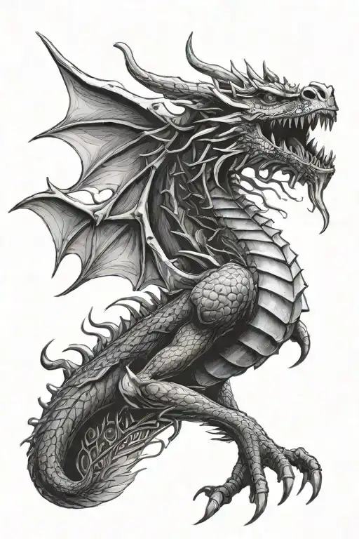 realistic black and white medieval fantasy dragon in gothic style alternative  tattoo design idea