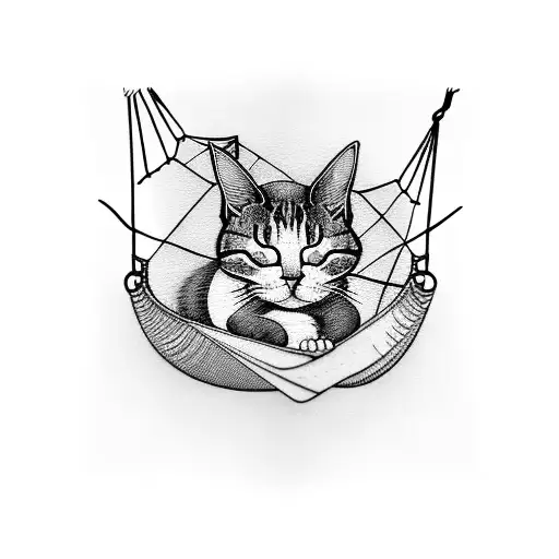 Sleeping cat in a hammock between two trees tattoo design idea