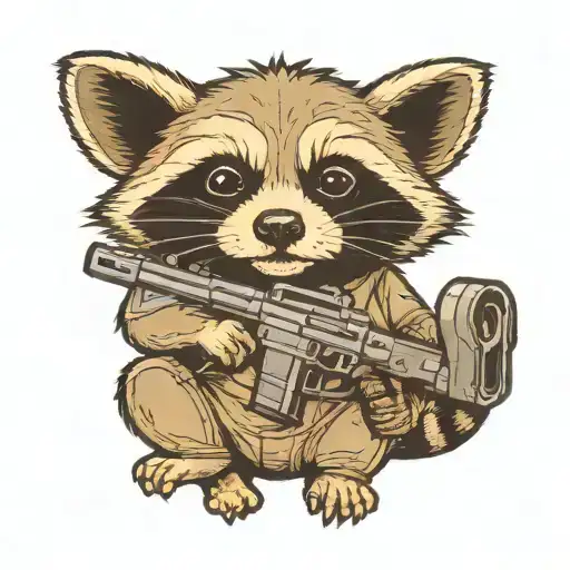 a blackwork tattoo sketch of a raccoon holding a gun, depicted in full body. The design should not be overly detailed. tattoo design idea