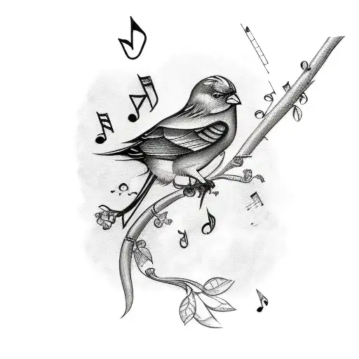 A sketch-style tattoo of a bird perched on a branch with musical notes flowing around it tattoo design idea