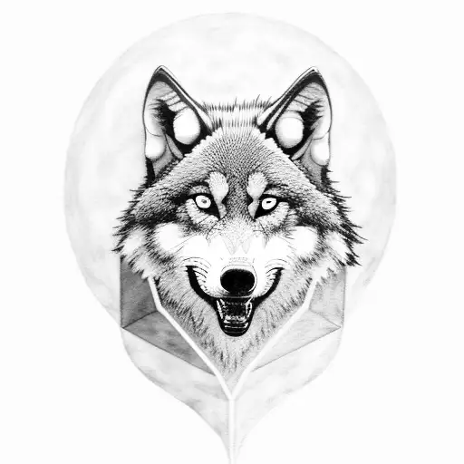 A black-grey tattoo of a wolf howling at the moon surrounded by geometric shapes tattoo design idea