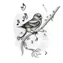 A sketch-style tattoo of a bird perched on a branch with musical notes flowing around it tattoo design idea