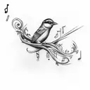 A sketch-style tattoo of a bird perched on a branch with musical notes flowing around it tattoo design idea
