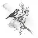 A sketch-style tattoo of a bird perched on a branch with musical notes flowing around it tattoo design idea