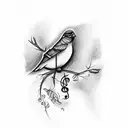 A sketch-style tattoo of a bird perched on a branch with musical notes flowing around it tattoo design idea