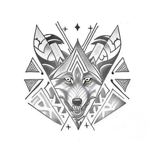 full sleeve tattoo with samoan tribal triangles around along with a wolf tattoo design idea