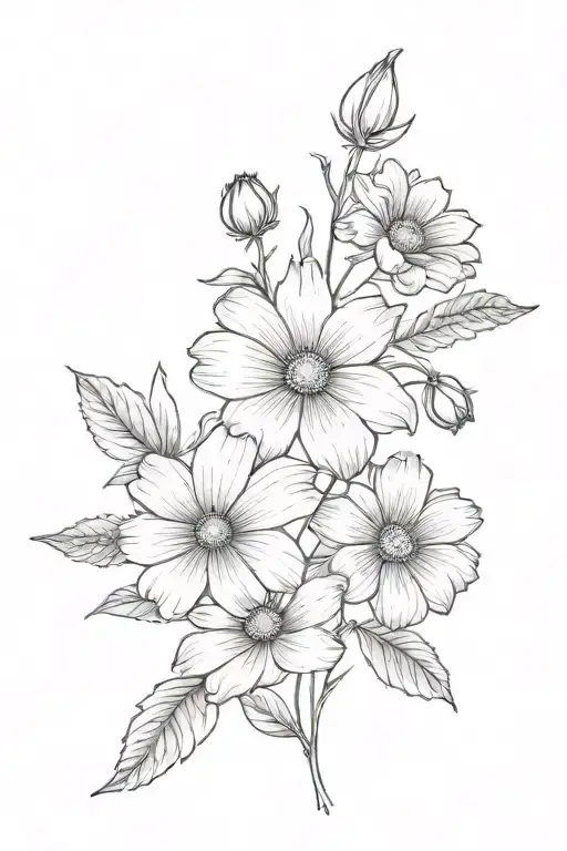 spinal tattoo from top to bottom violet, daisy, rose, morning glory, morning glory, daffodil, chrysanthemum, cosmos tattoo design idea