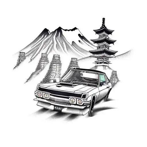 A realistic depiction of a retro car drifting on a mountain road in Japan tattoo design idea