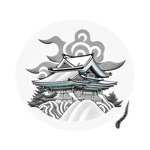 A 90s style car with a vibrant Japanese landscape as the background tattoo design idea