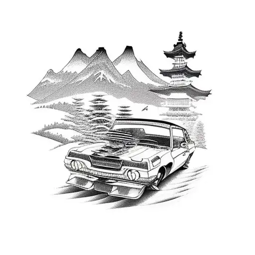A realistic depiction of a retro car drifting on a mountain road in Japan tattoo design idea