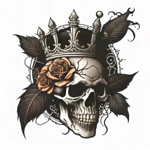 skull with crown, spider webs and dead roses tattoo design idea