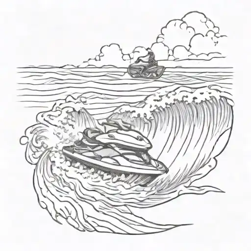 A beach with crashing waves a sun shining and a jet ski  tattoo design idea
