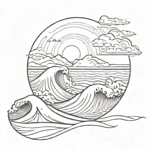 A beach with crashing waves a sun shining and a small mountain  tattoo design idea