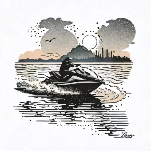 A serene beach sunset with a silhouette of a jet ski in the distance tattoo design idea