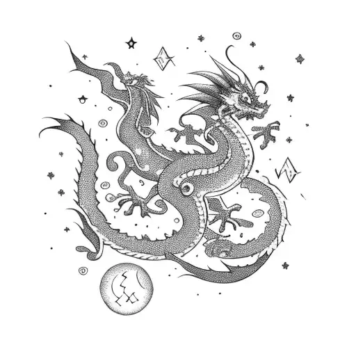 delicate small dragon with stars and moon tattoo design idea