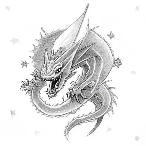 pencil drawn tiny dragon with 3 stars in the background tattoo design idea