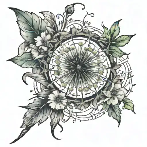 Dandelion with petals in the wind and rune tattoo design idea
