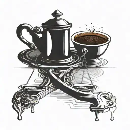 Incorporate a coffee cup with a scale of justice symbolizing balance in your job as a lawyer tattoo design idea