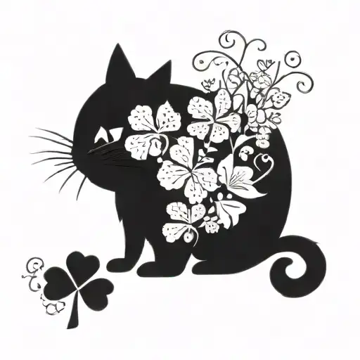 A black cat with four-leaf clovers scattered around it, with the number 13 subtly incorporated into the design tattoo design idea