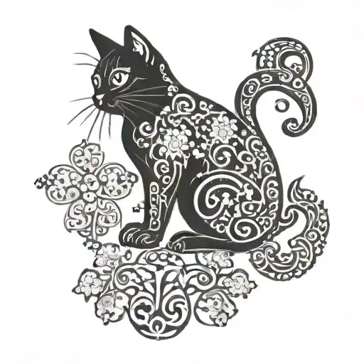 A mystical design featuring a black cat surrounded by swirling patterns of four-leaf clovers and the number 13 tattoo design idea