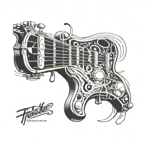 A tattoo design featuring a guitar with intricate musical notes intertwined with cricket bats and balls, symbolizing the fusion of music and sports in your life tattoo design idea