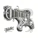 A tattoo design featuring a guitar with intricate musical notes intertwined with cricket bats and balls, symbolizing the fusion of music and sports in your life tattoo design idea