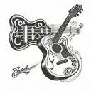 A tattoo design featuring a guitar with intricate musical notes intertwined with cricket bats and balls, symbolizing the fusion of music and sports in your life tattoo design idea