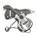 A tattoo design featuring a guitar with intricate musical notes intertwined with cricket bats and balls, symbolizing the fusion of music and sports in your life tattoo design idea