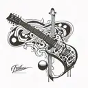 A tattoo design featuring a guitar with intricate musical notes intertwined with cricket bats and balls, symbolizing the fusion of music and sports in your life tattoo design idea