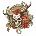 bull skull, cards, rope, barbed wire, horseshoe, dice, cattle tag leg sleeve tattoo design idea