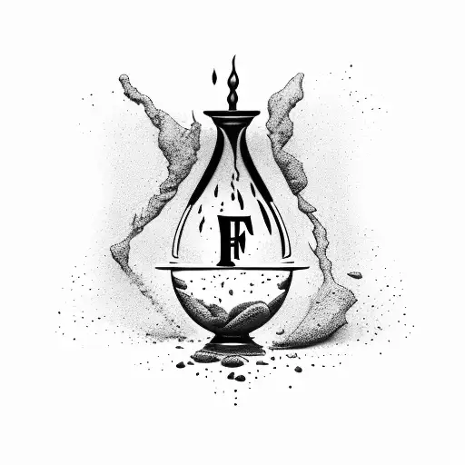 A broken hourglass pouring sand into a pool of ink, with the words 'Failure fuels Greatness' written in elegant script tattoo design idea