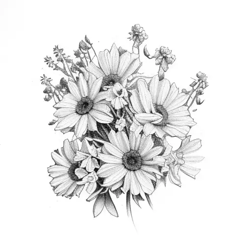 bouquet of flowers including Carnation, Violet, Daisy, Rose, Larkspur, Chrysanthemum, Narcissus tattoo design idea