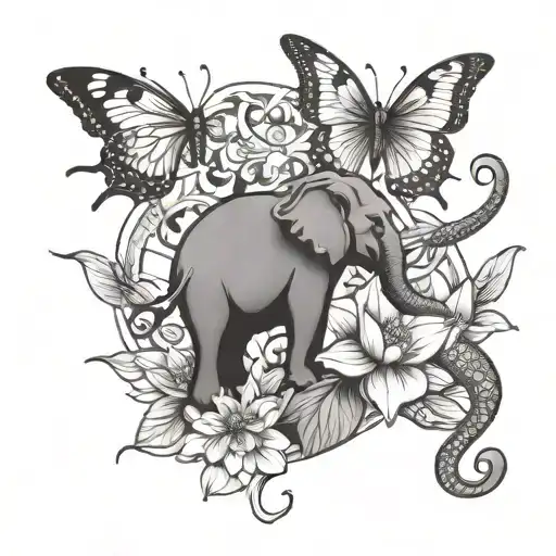 lotus flower, butterfly, elephant tattoo design idea
