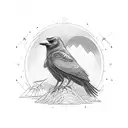 A sinister-looking crow surrounded by nature elements tattoo design idea