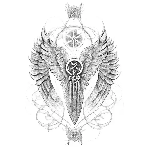 Seraph angel wings intertwined with celestial symbols tattoo design idea
