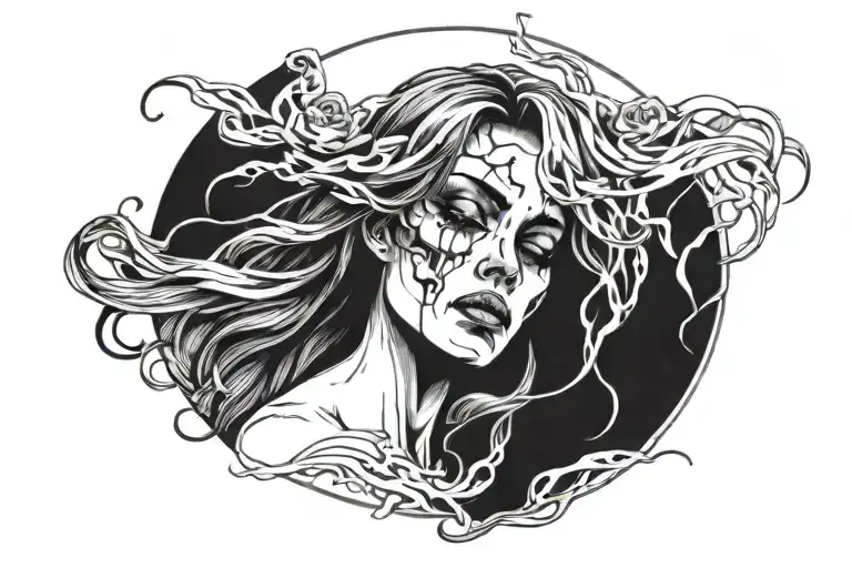 woman's face crying with hair blowing and a skull surrounded by arches tattoo design idea