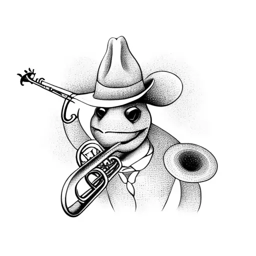A turtle wearing a fedora and playing a trumpet. tattoo design idea