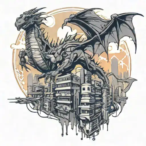 A futuristic cyberpunk cityscape with a dragon flying overhead, inspired by your love for computer games and fantasy tattoo design idea