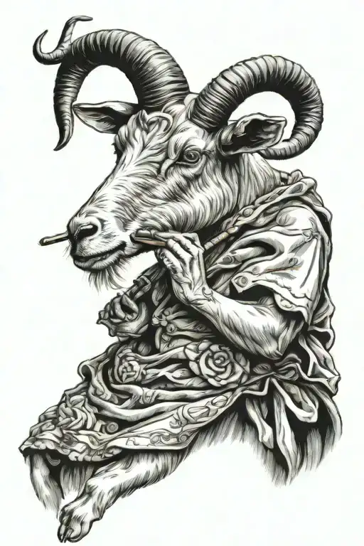 Goat wearing a dress and playing a flute tattoo design idea