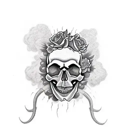skull with roses and guns and smoke and feathers  tattoo design idea