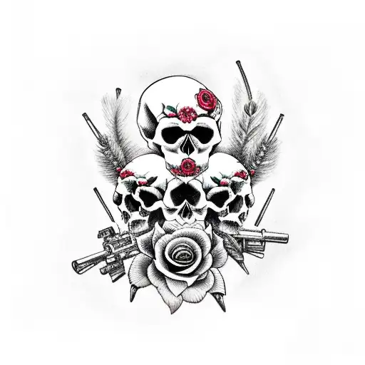 skull with roses and guns and smoke and feathers  tattoo design idea